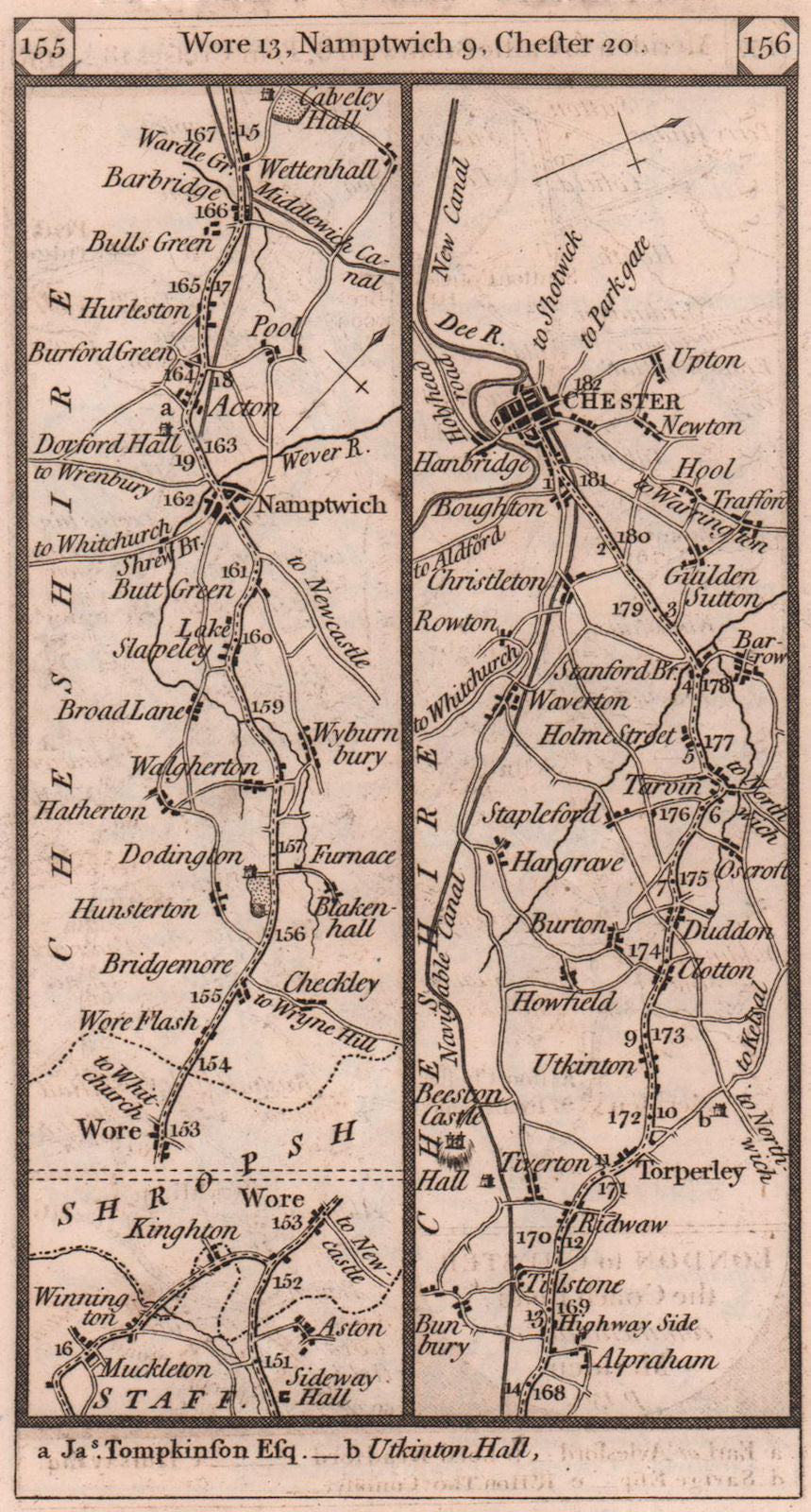 Nantwich - Tarporley - Chester road strip map PATERSON 1803 old antique